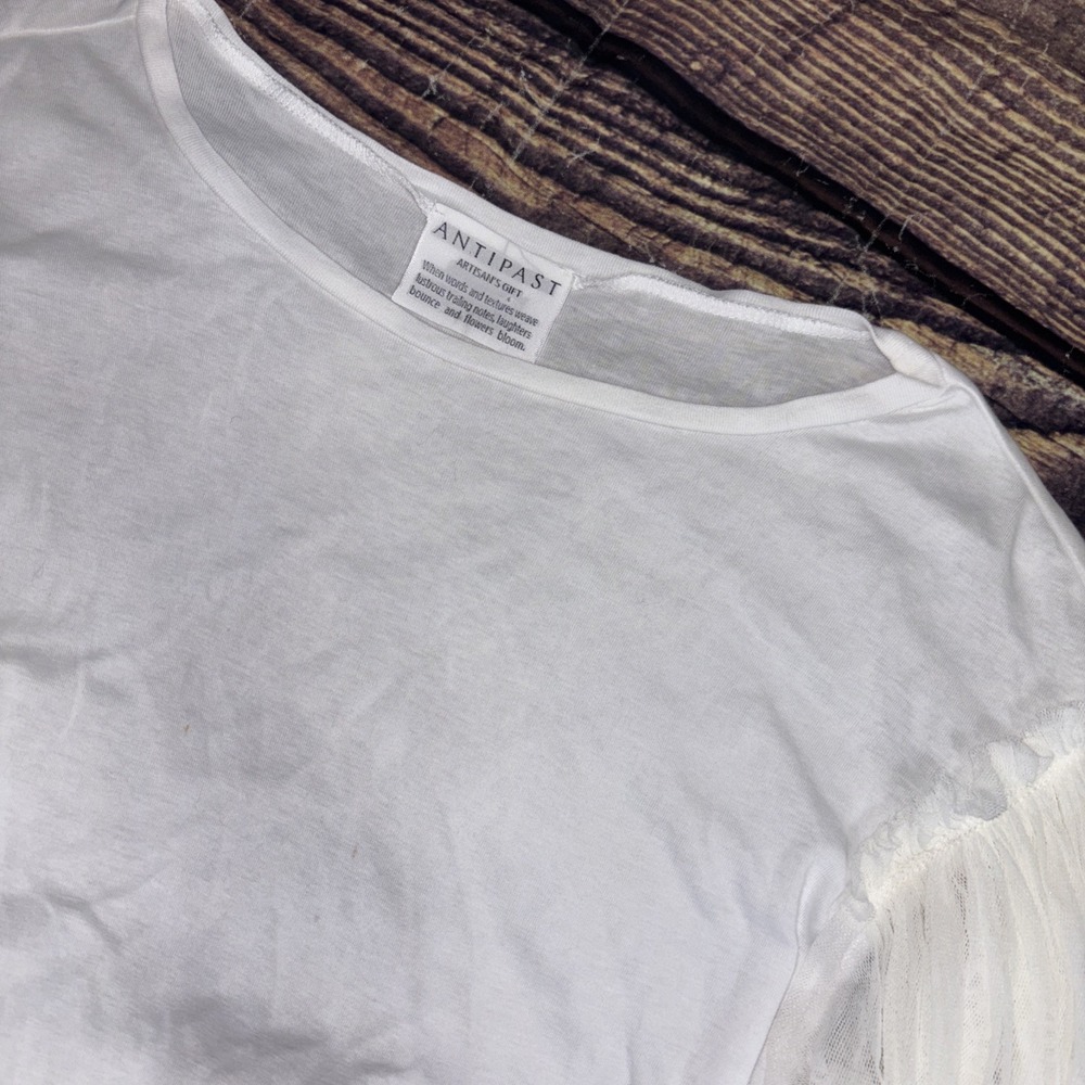 ANTIPAST Artisans Gift White Cotton SS Top with Sheer Puff Ruffle Sleeves S/M - Picture 3 of 7